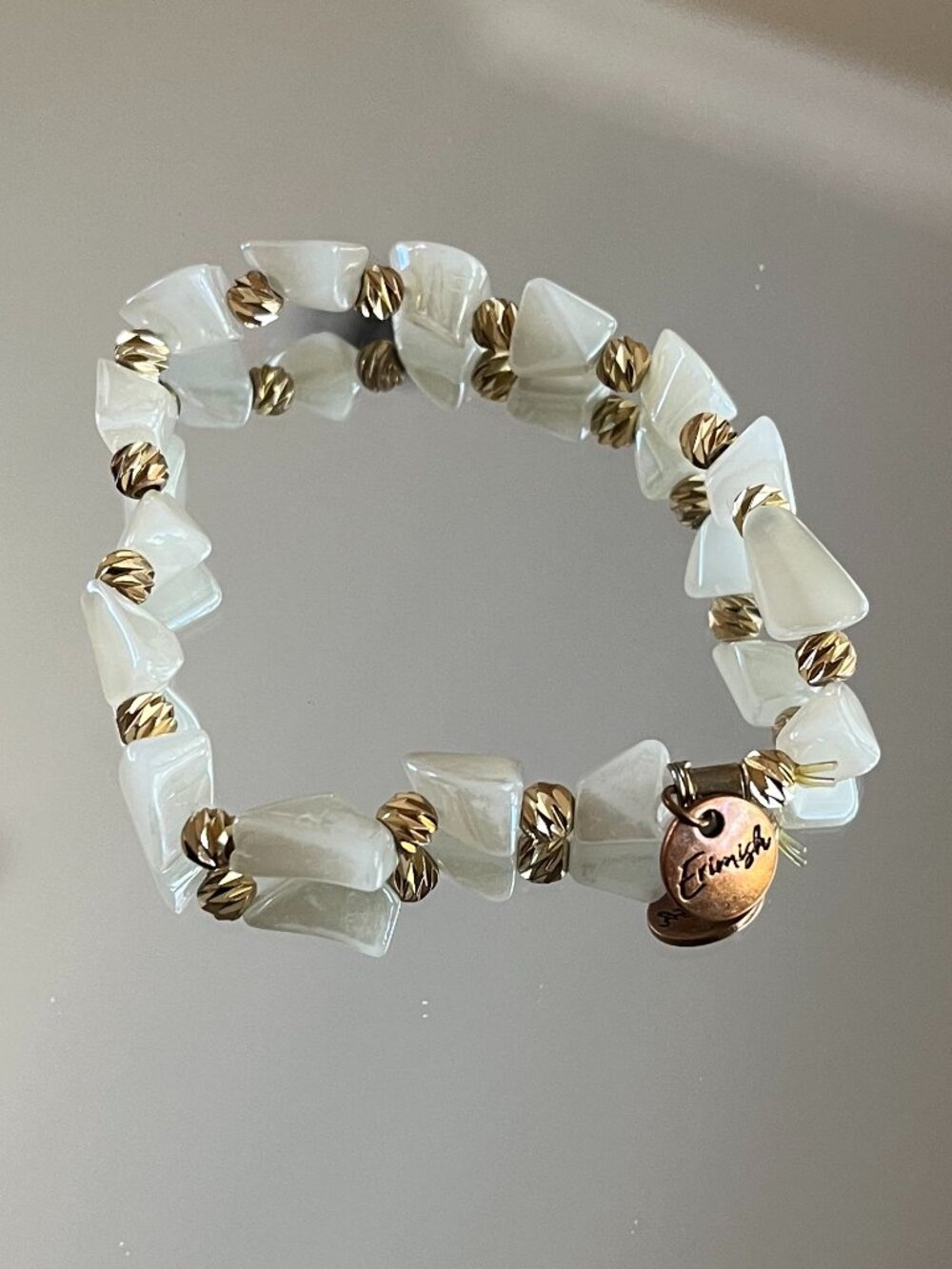 Erimish  white Faceted Crystals Beaded Bracelet Logo Tag Stackable Stretch